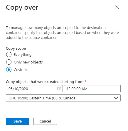 Skärmbild som visar anpassat kopieringsomfång för objektreplikering