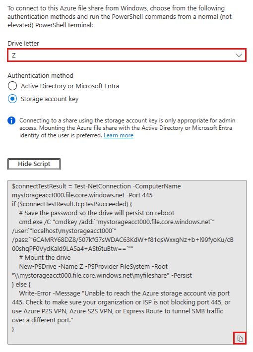 Skärmbild av anslutningsbladet, kopieringsknappen på skriptet är markerad.