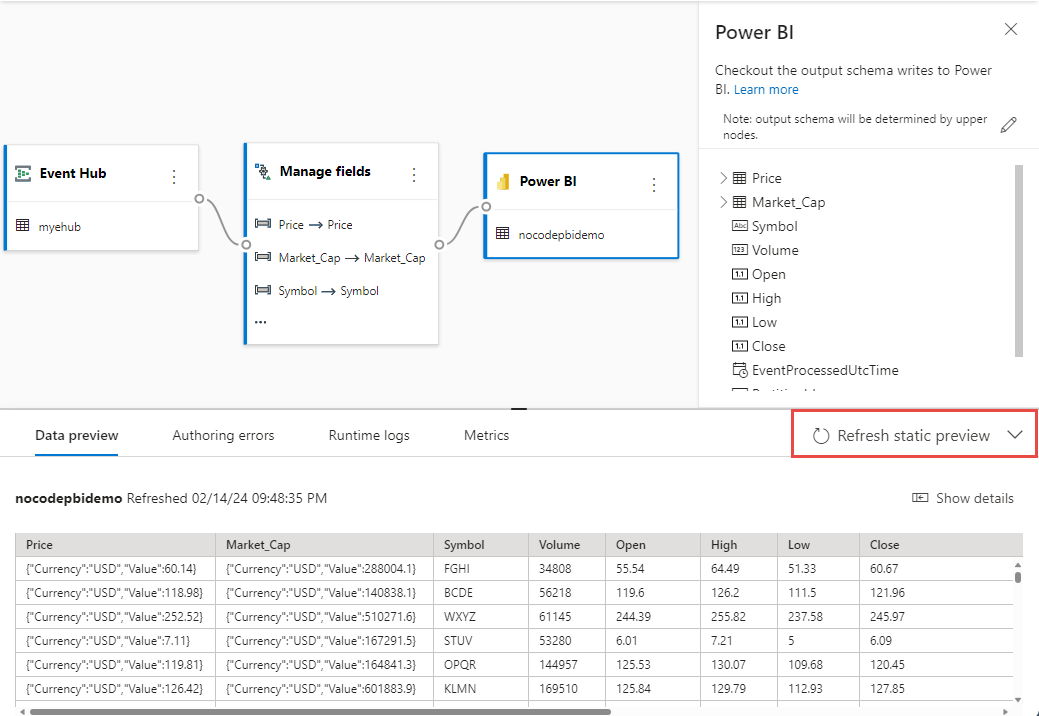 Skärmbild som visar alternativet Hämta statisk förhandsversion/Uppdatera statisk förhandsversion.