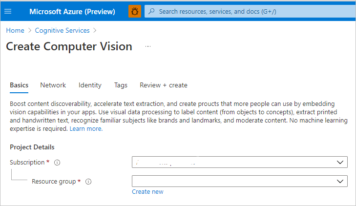 Skärmbild som visar datorseende i portalen, med knappen Skapa.
