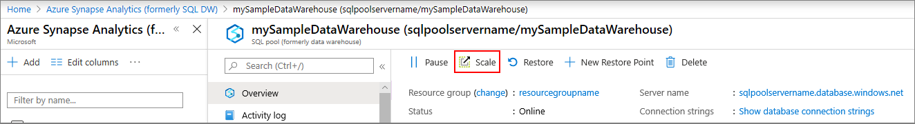 En skärmbild av Azure Portal som visar knappen Skala på sidan Översikt för en dedikerad SQL-pool (tidigare SQL DW).