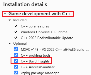 Skärmbild av Visual Studio Installer med arbetsuppgiftspaketet för spelutveckling med C++ valt.