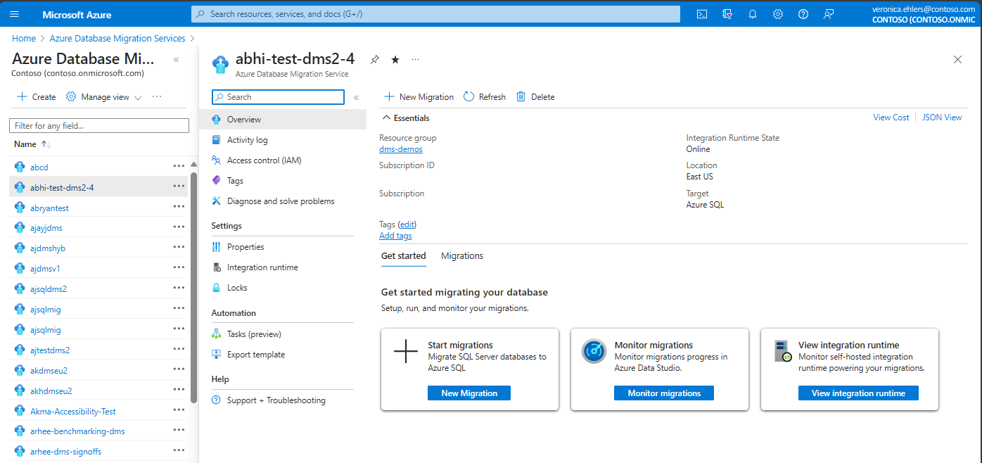 Skärmbild som visar översikt över Database Migration Service.