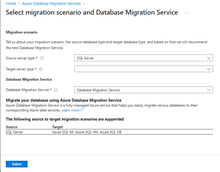 Skärmbild som visar migreringsscenarier för Database Migration Service.