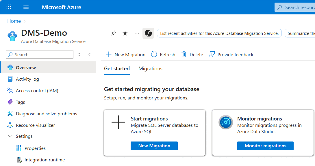 Skärmbild av instrumentpanelen för Azure Database-migrering.