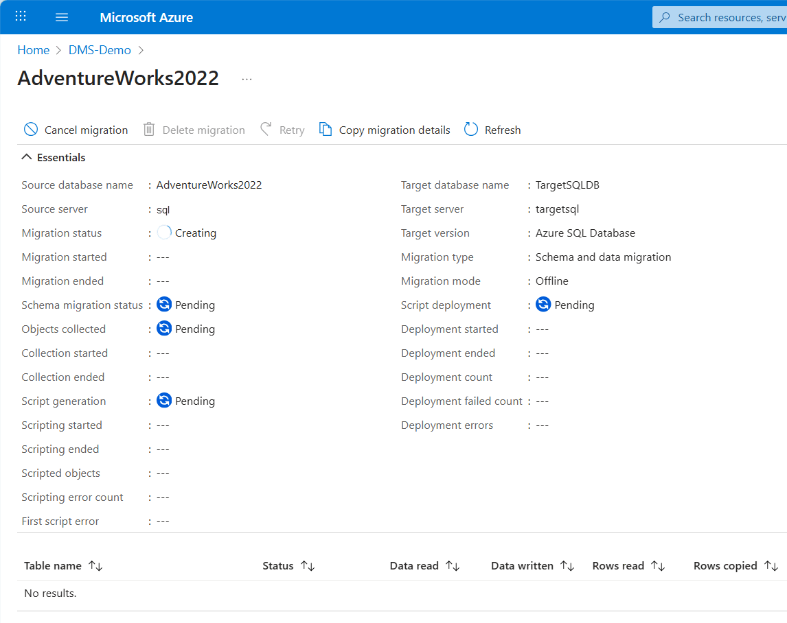 Skärmbild av detaljerad migreringsövervakning.