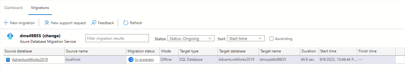 Skärmbild som visar en pågående migreringsstatus.
