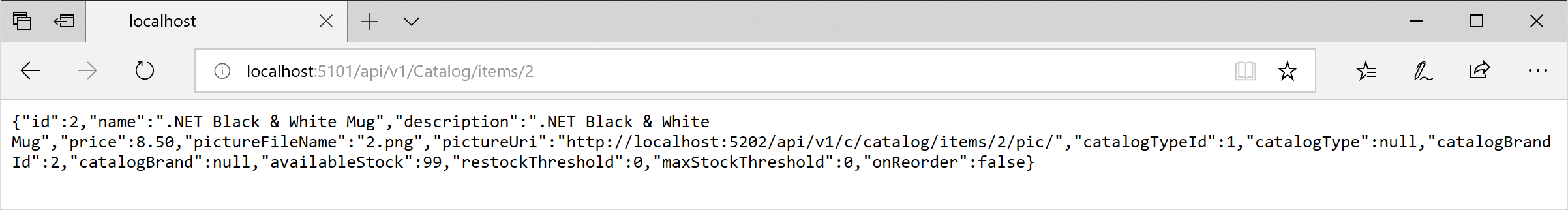 Skärmbild av en webbläsare som visar ett direkt svar på Catalog.api.