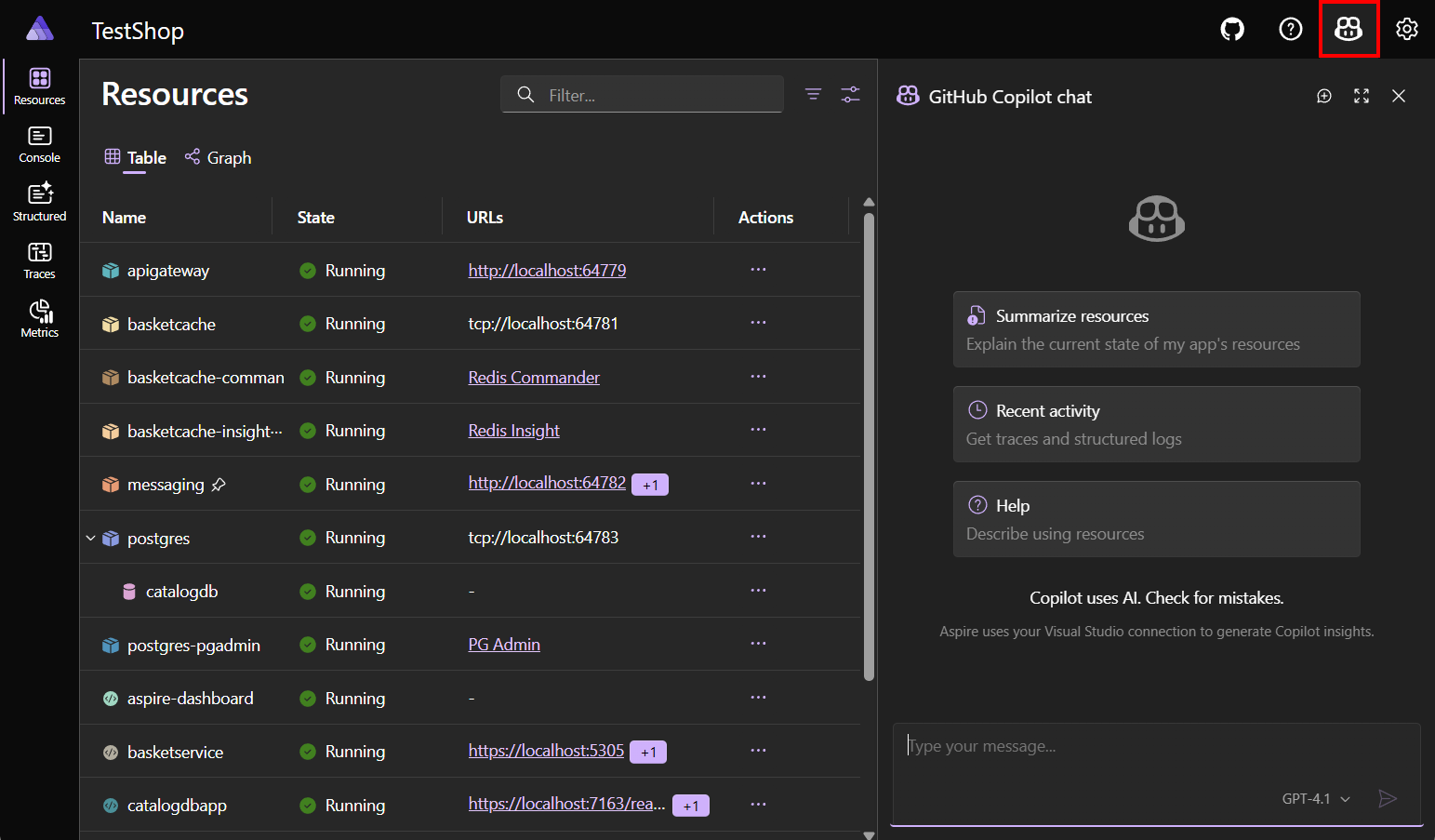 En skärmbild av instrumentpanelen med GitHub knappen Copilot markerad.