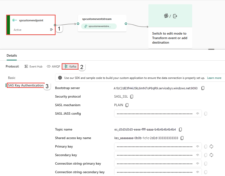 Skärmbild som visar Kafka-nycklar och exempelkod.