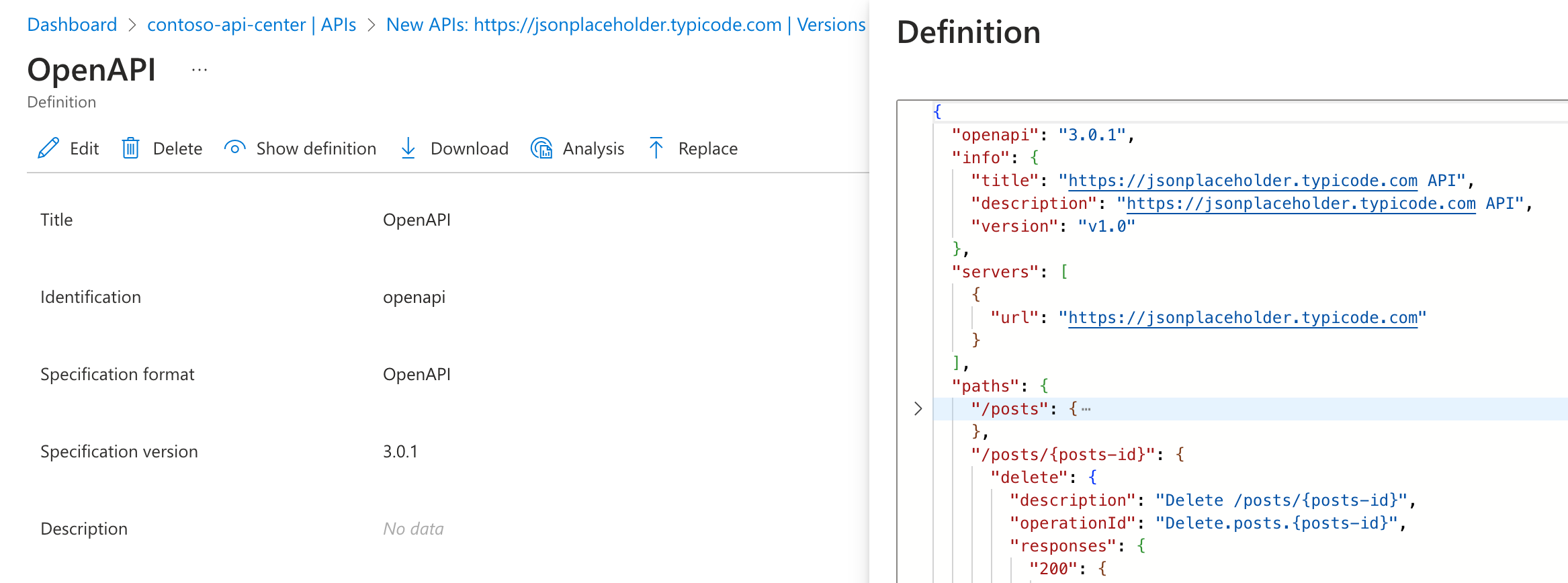 Skärmbild av Azure API Center som visar ett nyligen registrerat API med en OpenAPI-specifikation.