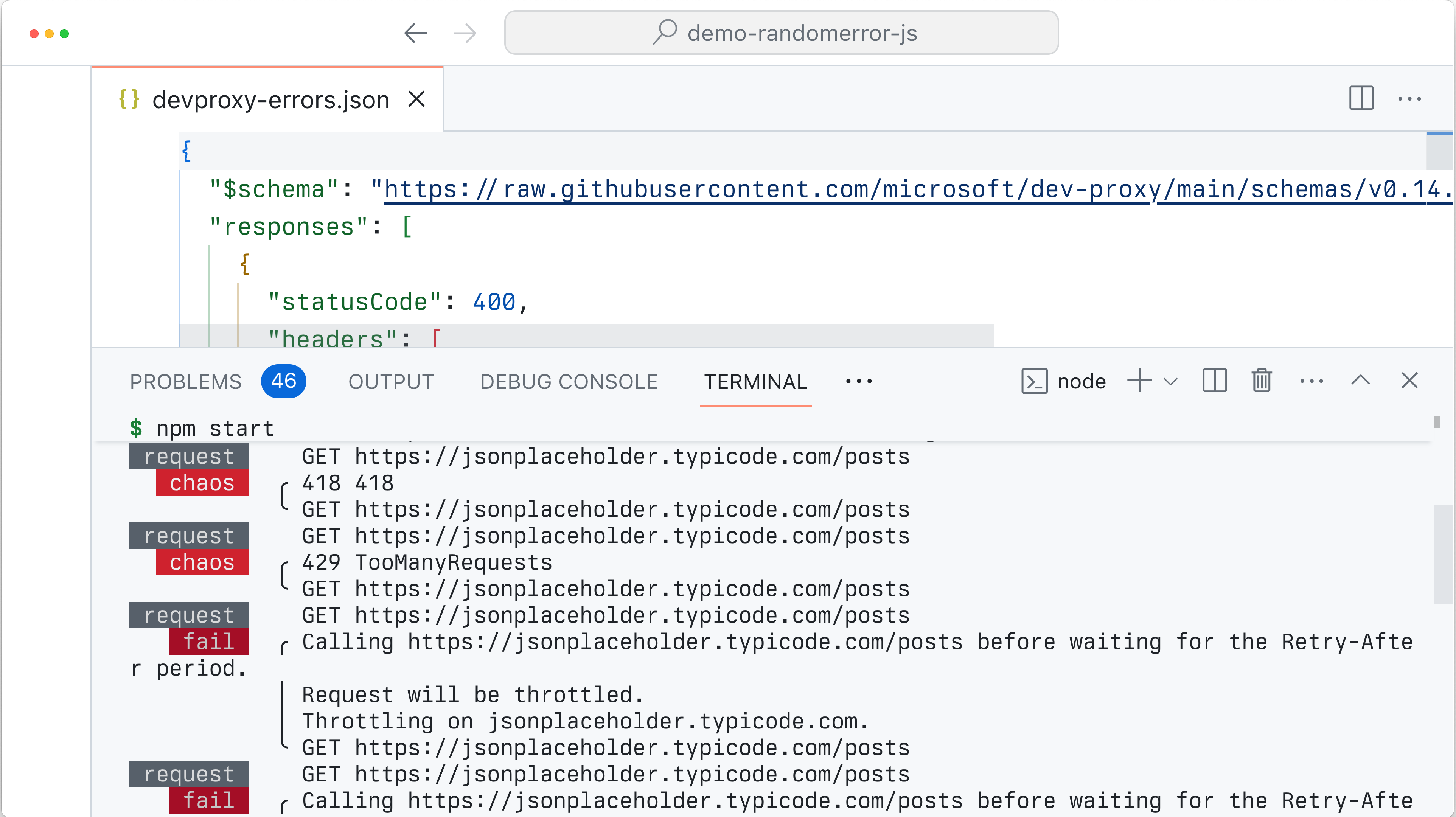 Skärmbild av VS Code med kommandotolken öppen som visar fel som simulerats av Dev Proxy.