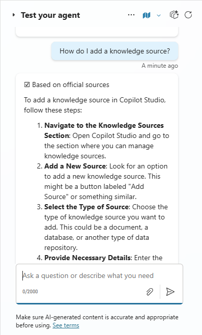 Skärmbild av en testfråga i testchatten.