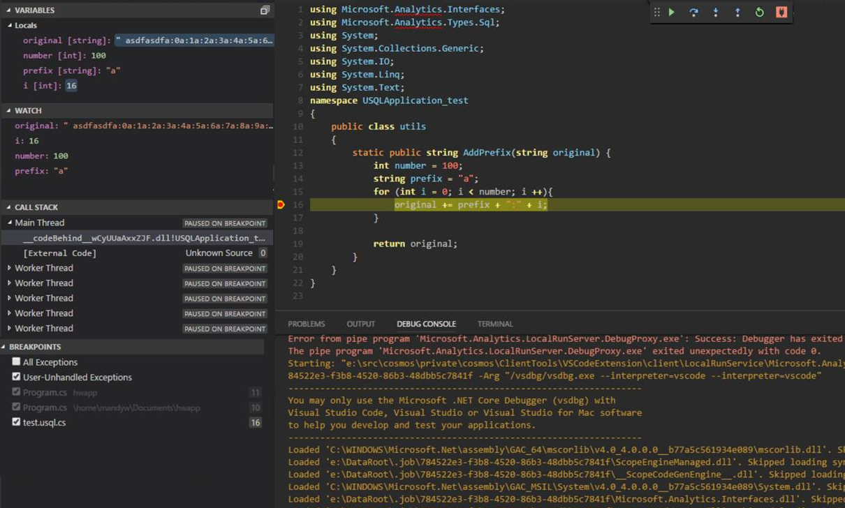 Data Lake Tools för lokalt felsökningsresultat i Visual Studio Code
