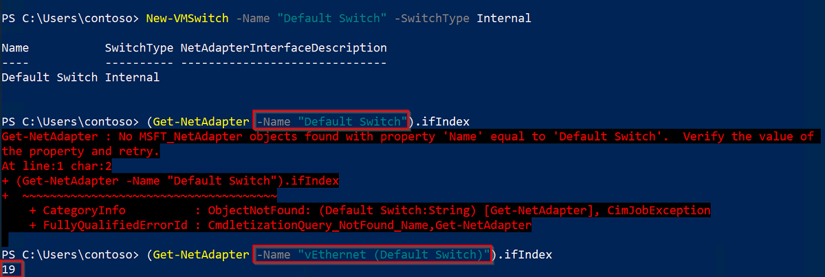Skärmbild av utdata från körning av kommandot Get-NetAdapter, som markerar gränssnittets indexvärde.