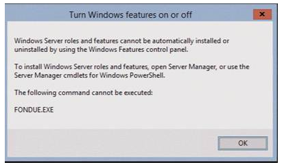 Skärmbild av roller och funktioner som inte kan installeras automatiskt via Windows-funktionsfel.