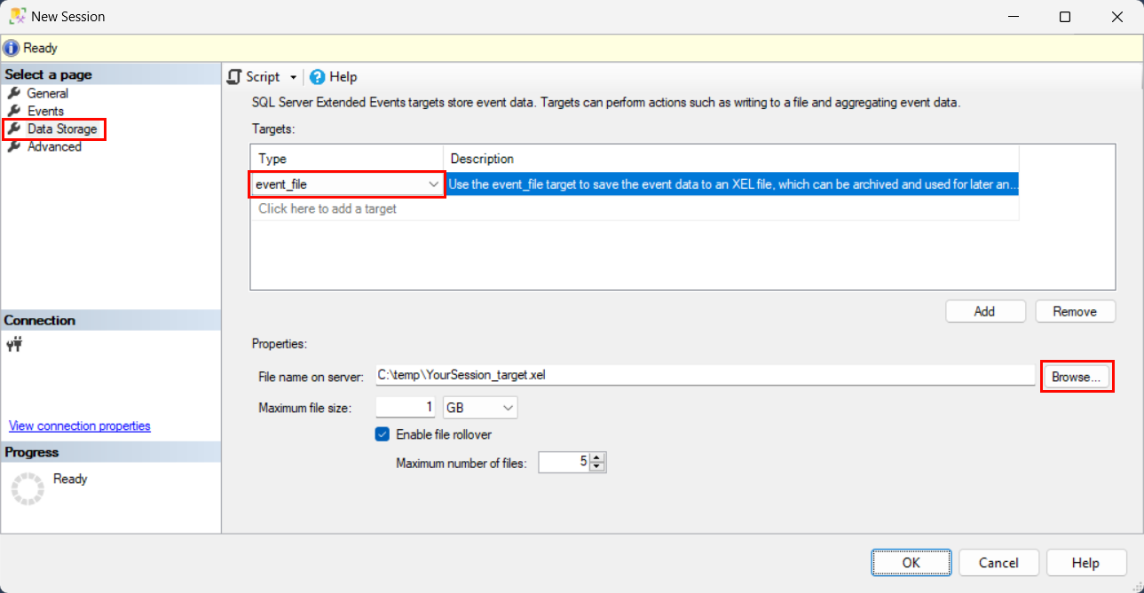 Skärmbild av nya sessionsdatalagringsmål av typen >>>> event_file.