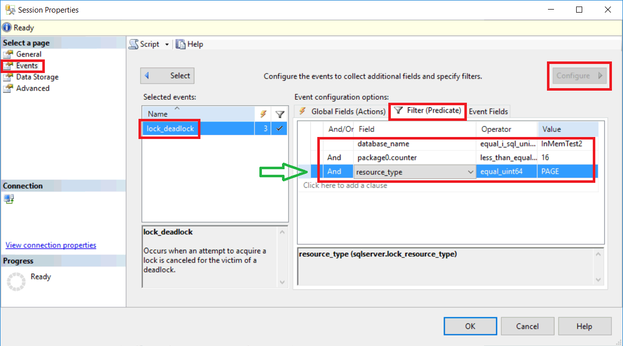 Skärmbild från SSMS av de nya sessionshändelserna > , filtrera predikatfält (åtgärder).