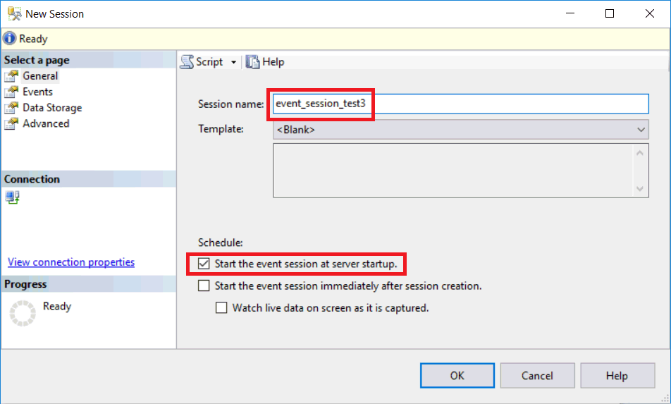 Skärmbild från SSMS för de allmänna inställningarna för den nya sessionen >, starta händelsesessionen vid serverstart.