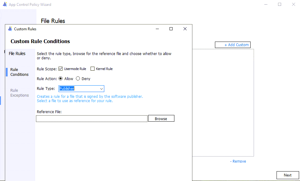 Skärmbild av anpassad WDAC-policy.