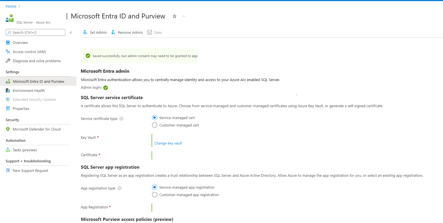 Skärmbild av hur du ställer in Microsoft Entra-autentisering med automatisk certifikat- och programgenerering i Azure-portalen.