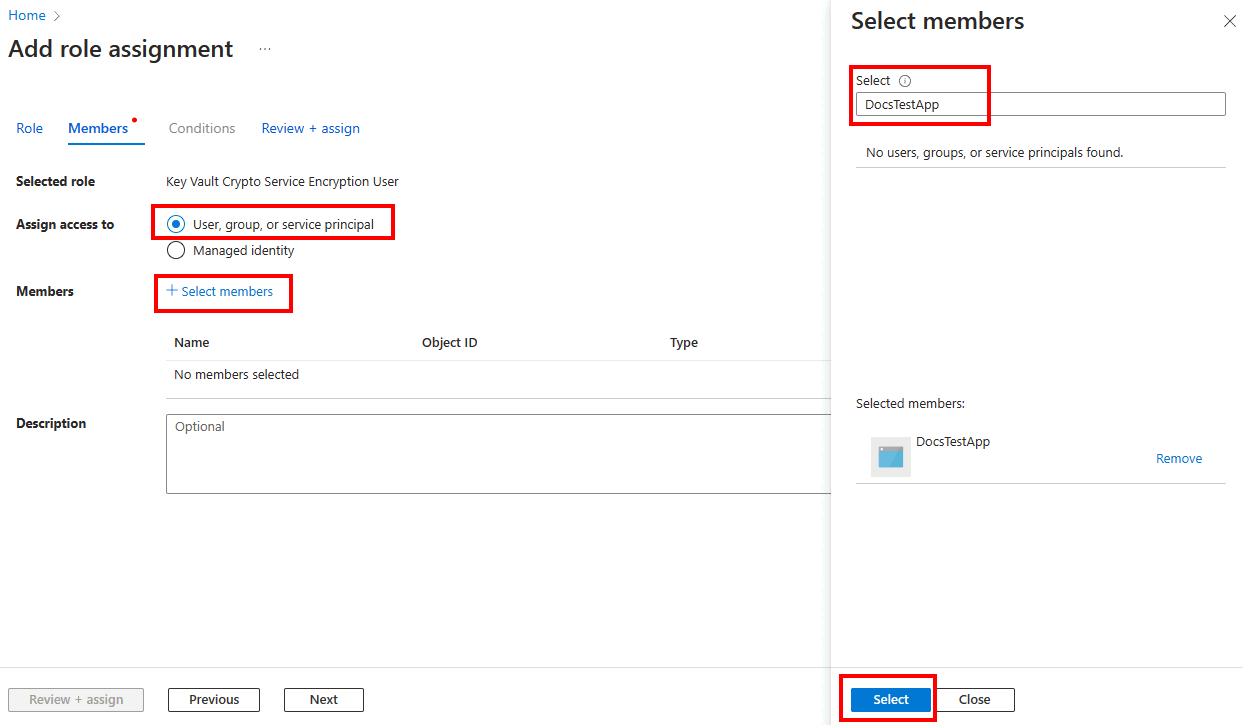 Skärmbild av fönstret Välj medlemmar för att lägga till en rolltilldelning i Azure-portalen.