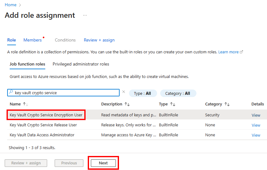 Skärmbild av att välja en rolltilldelning i Azure-portalen.
