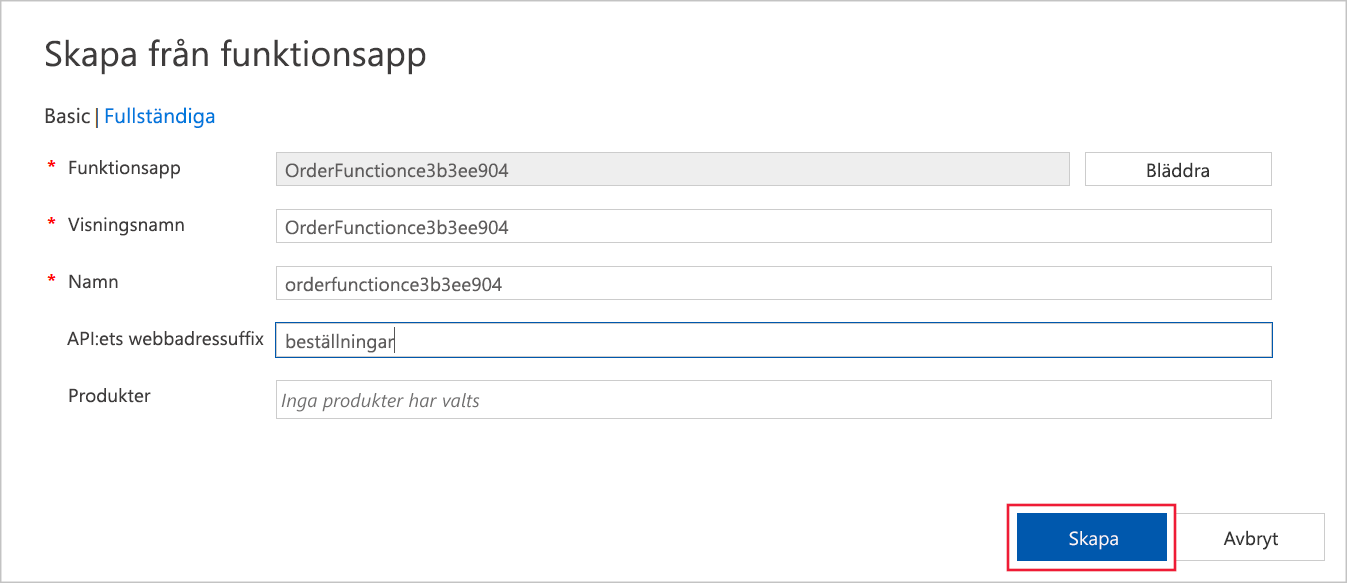 Skärmbild av dialogrutan Skapa från funktionsapp ifylld med information om funktionen Beställningar.