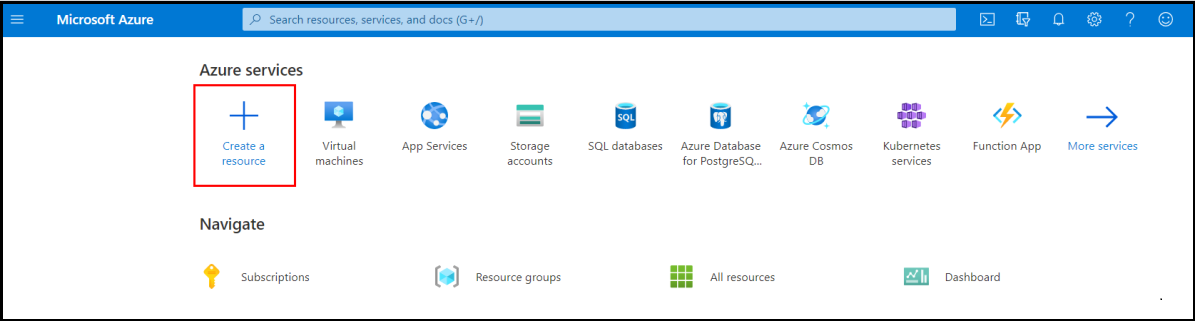 Skärmbild av Azure-tjänster med Skapa en resurs markerad.