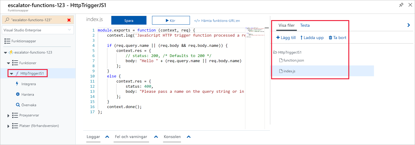 Skärmbild av funktionskoden och testredigeraren som visar den expanderade test-/körningsvyn med menyalternativ markerade.
