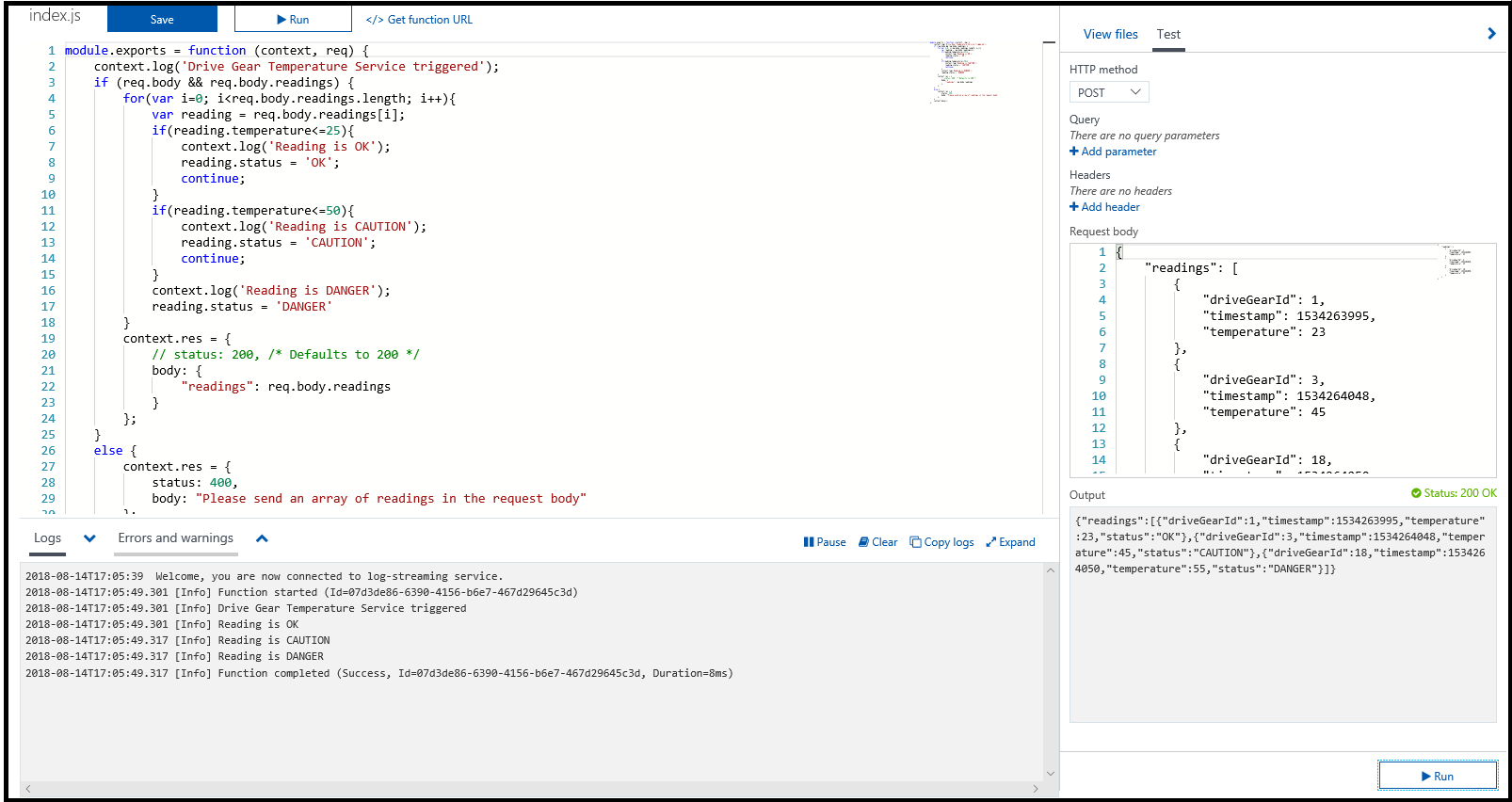 Skärmbild av Azure-funktionsredigeraren med flikarna Test och Loggar.