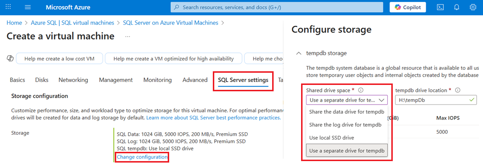 Skärmbild av tempdb-lagringskonfigurationen i Azure-portalen när du distribuerar en SQL VM-avbildning.