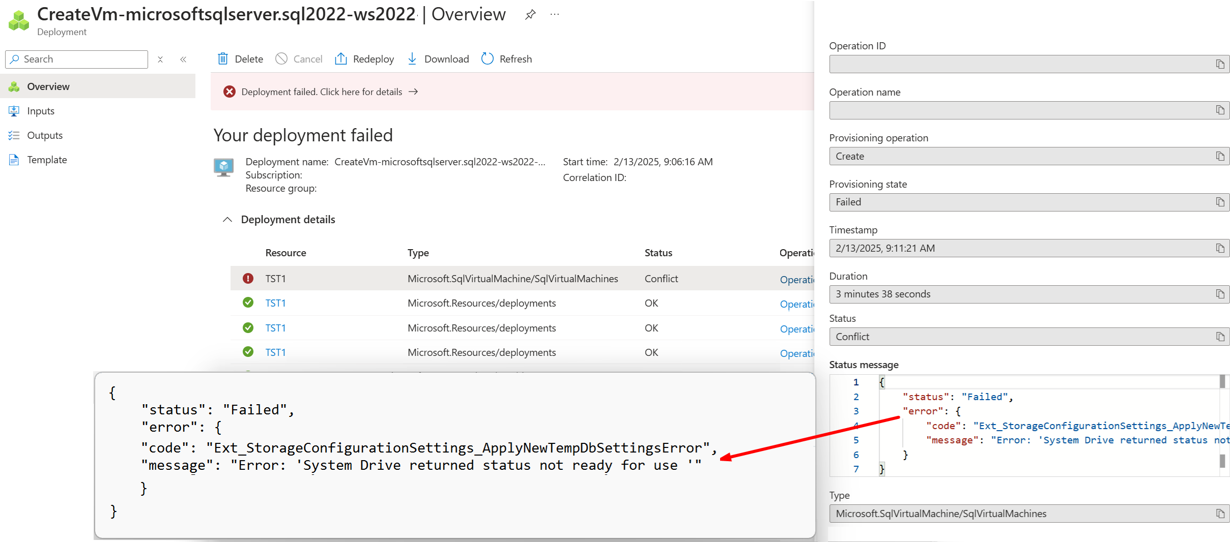 Skärmbild av distributionsfelet i Azure-portalen.
