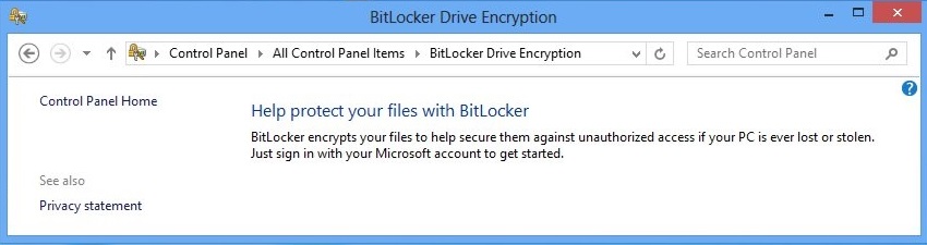 Skärmbild av sidan BitLocker-diskkryptering i Kontrollpanelen.