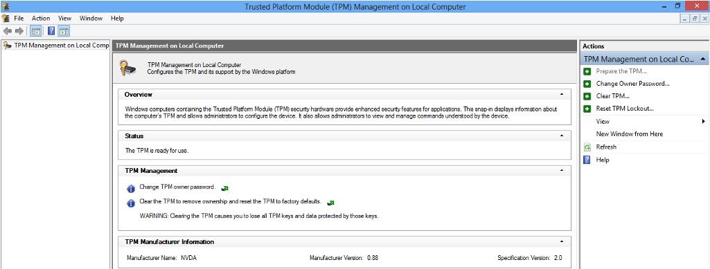 Skärmbild av TPM-hanteringen (Trusted Platform Module) på den lokala datorn.
