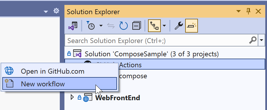 Skärmbild av GitHub Actions-nodmenyn.