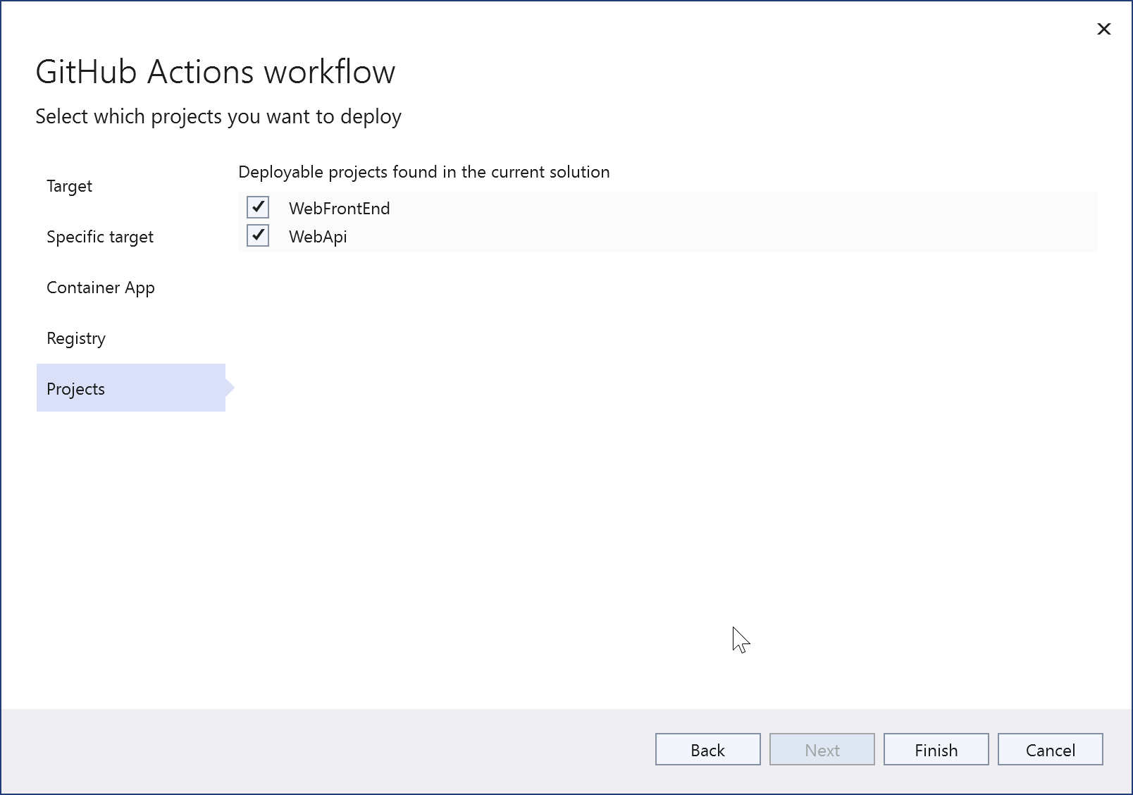 Skärmbild som visar valet av projekt att distribuera.