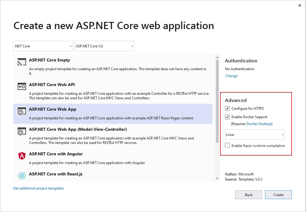 Skärmbild som visar hur du skapar ett nytt ASP.NET Core-webbappsprojekt i Visual Studio 2019.