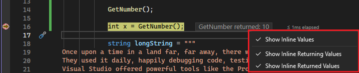 Skärmbild som visar alternativ för att visa returvärden.
