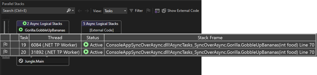 Skärmbild av trådarna som är associerade med anropsstacken.