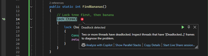 Skärmbild av kodredigeraren när du har valt Bryt alla.