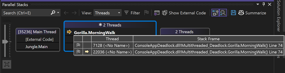 Skärmbild av trådarna som är associerade med anropsstacken.