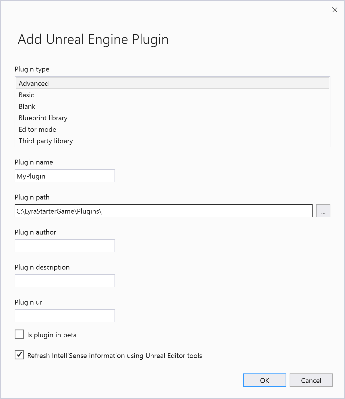 En skärmbild av dialogrutan Lägg till nytt unreal engine-plugin-program.