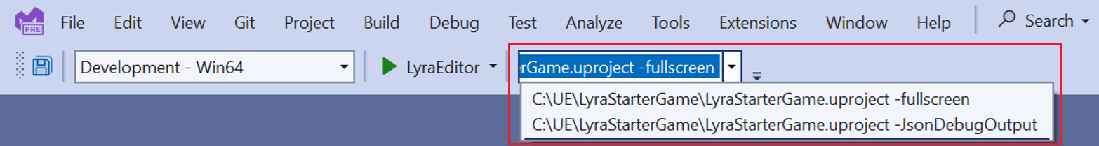 En skärmbild av kommandoradsargumentens listruta.