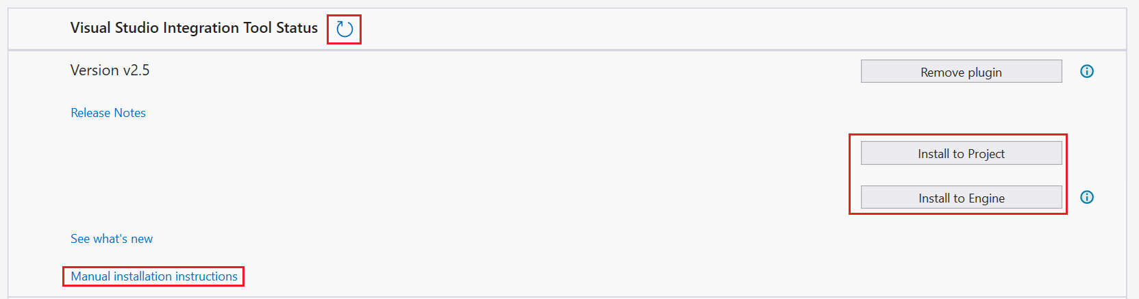 Skärmbild av fönstret Integreringskonfiguration för Unreal Engine. I avsnittet Status för Visual Studio-integrationsverktyget är knapparna Uppdatera, Installera i projektet och Installera till motorn markerade. Länken för manuella installationsanvisningar är också markerad.