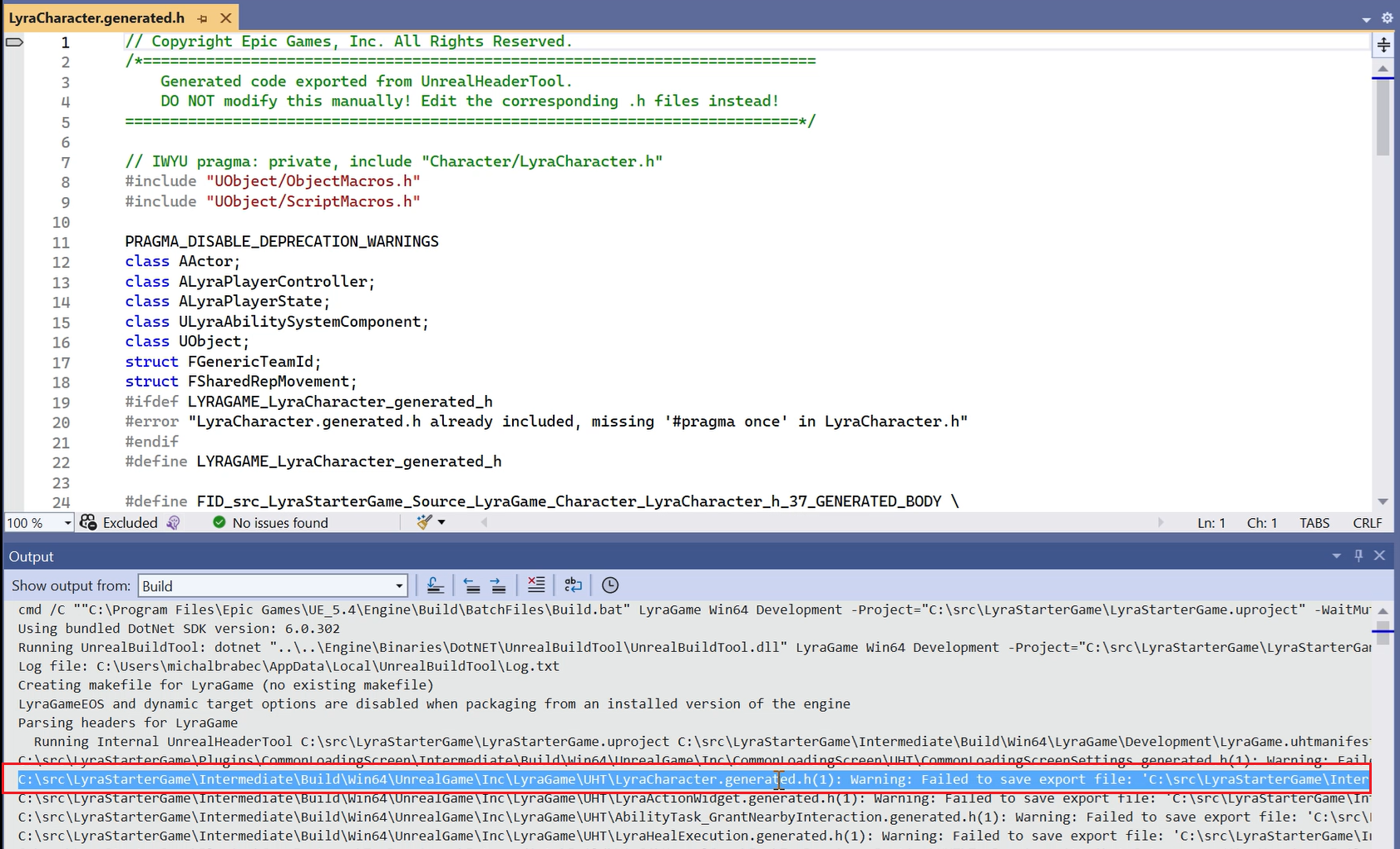 En skärmbild av Visual Studio-utdatafönstret. Filen LyraCharacter.generated.h är markerad eftersom den absoluta sökvägen har angetts och användaren dubbelklickade på den för att öppna filen LyrCharacter.generated.h.