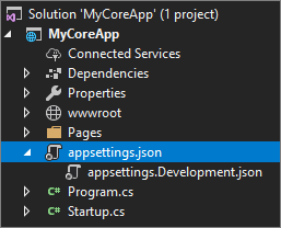 Skärmbild som visar appsettings dot j son vald och expanderad i Solution Explorer i Visual Studio.