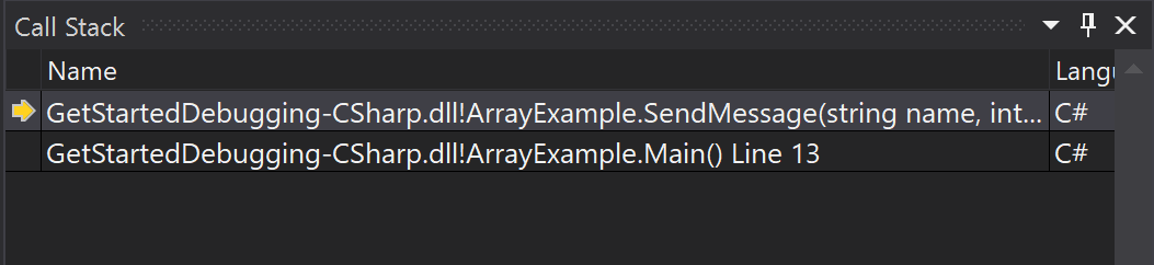 ExamineCallStack Skärmbild av fönstret Anropsstack i Visual Studio.
