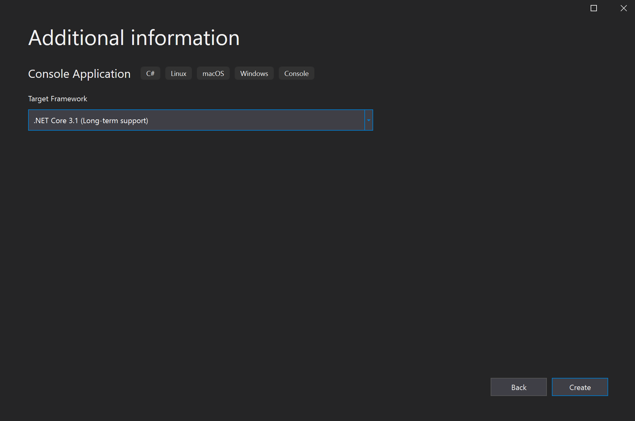 Skärmbild av fönstret Ytterligare information i Visual Studio som visar .NET Core 3.1 som målramverk för det nya projektet.