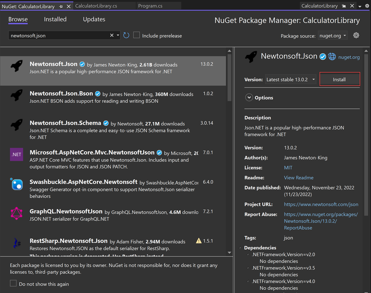 Skärmbild av Newtonsoft J SON NuGet-paketinformation i NuGet Package Manager.